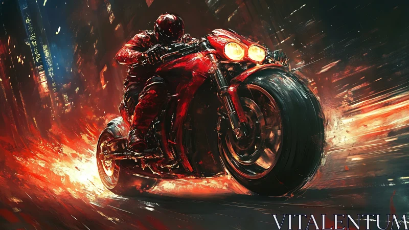Red cyber bike tears through neon-lit urban night storm.