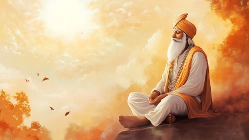 Digital painting of serene turbaned sage in golden haze.