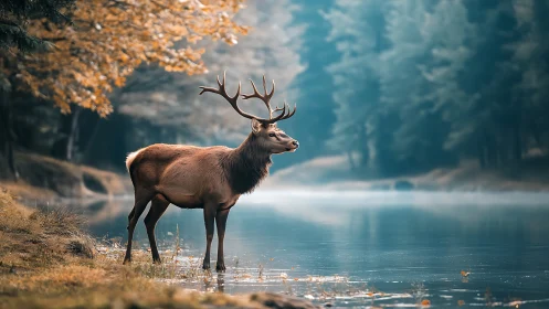 Cervid subject at misted lakeshore in balanced autumnal luminance.