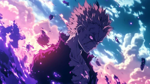 Explosive anime antihero glows amid chromatic energy clouds