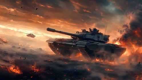 Main battle tank advancing through incendiary battlefield at dusk.