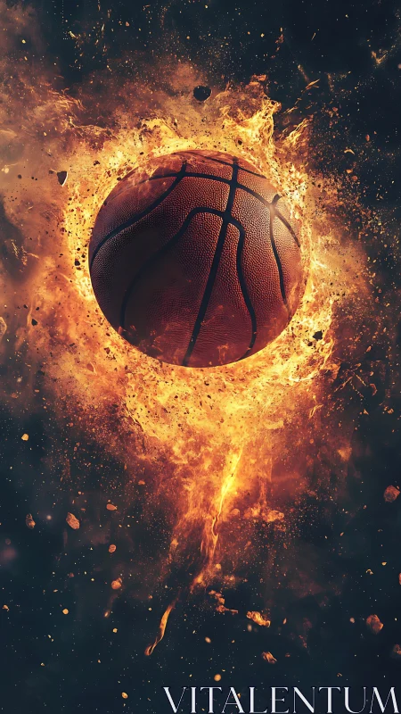 Flaming basketball rendered in dynamic high-contrast digital art