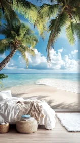 Sunlit bedroom drifts into palm-framed tropical shoreline dreamscape.