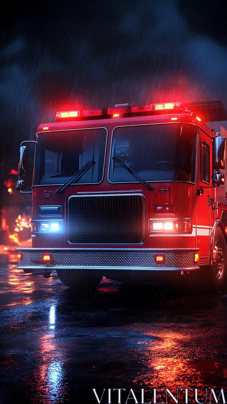 Emergency Response Vehicle: Red Fire Truck with Activated Beacon Systems.