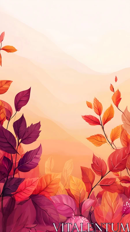 Sunlit autumn leaves rising toward a dreamy pastel sky.
