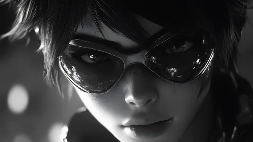 Steely eyed cyber heroine confronts the shadows in monochrome