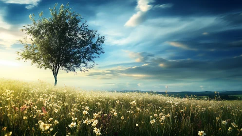Solitary meadow tree leans thoughtfully into a painted sky