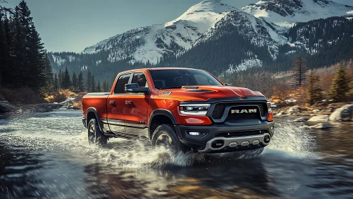 Red pickup truck driving through shallow mountain river stream.