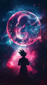 Celestial warrior beneath neon dragon sphere in starlit void.