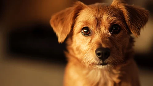 Warm side-lit close-up portrait of small brown dog in shallow focus