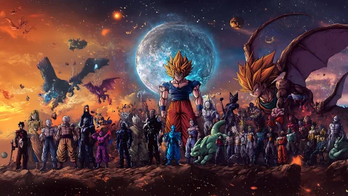 Epic anime warriors assemble beneath a shattered cosmic sky