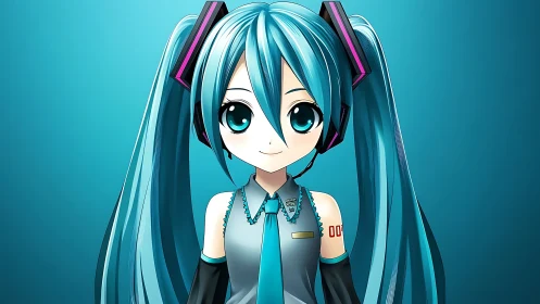 Electric teal twin-tails beam pop-bright against cyan calm