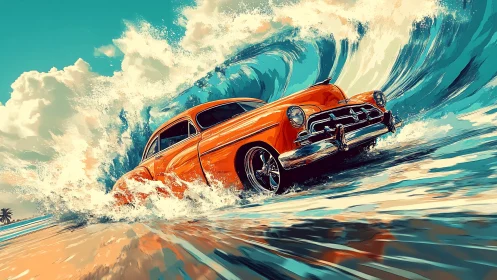 Classic orange coupe cuts through towering turquoise surf