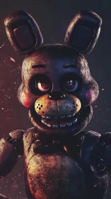 Creepy robot bunny animatronic close-up in dark scene.