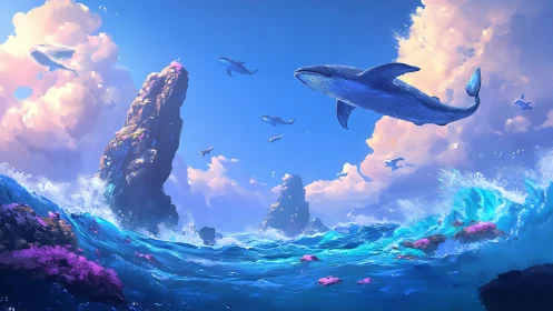 Skyward whales glide above radiant turquoise seascape.
