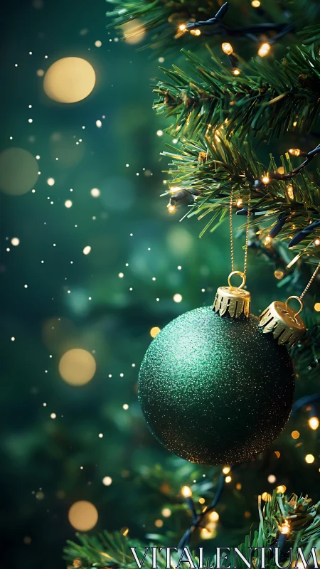 Photorealistic close-up of green Christmas ornament bokeh glow.