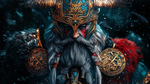 Armored bearded warrior with ornate horned helmet portrait.