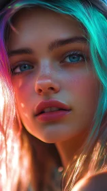 Hyperreal portrait with teal magenta rim lighting and bokeh glow