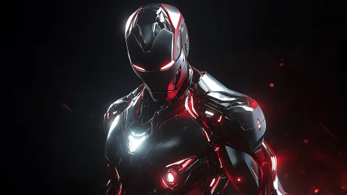Chrome-armored cyber warrior under red neon rim light.