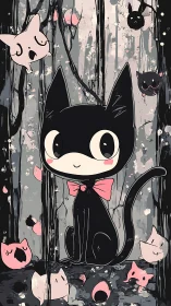 Charming Black Cat with Pink Bow and Ethereal Floating Companions
