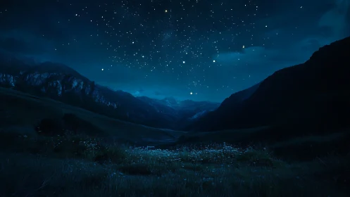 Starry night sky over dark mountain valley landscape.