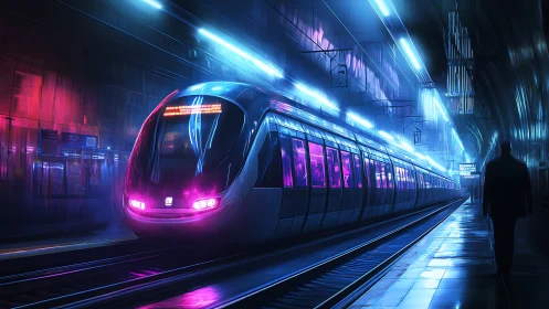 Futuristic metro train in neon lit underground station.