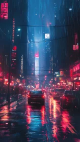 Rain-soaked city street glows with neon lights and night traffic