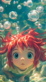 Wonderstruck child drifting through sunlit underwater bubbles.