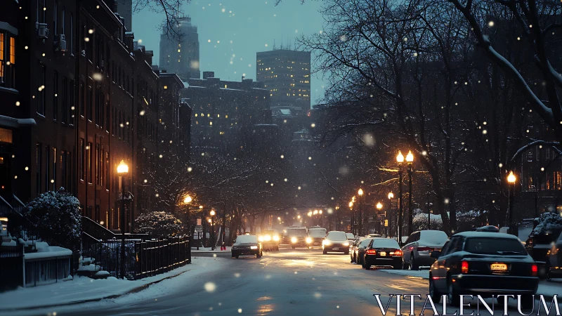 Snowy city street glowing with gentle winter evening lights.