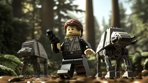 3D cinematic Lego forest patrol with mechanized walkers.