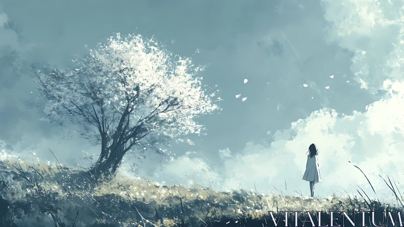 Solitary figure observing tree on open grassy hillside.