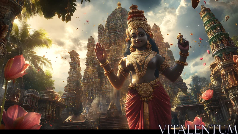 Divine temple deity rises amid lush, flower-filled courtyard.