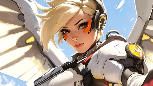 Dynamic winged heroine in cinematic digital painting portrait.