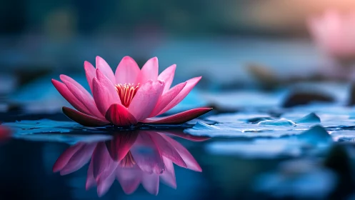 Lotus glow drifting over midnight-blue mirror water.