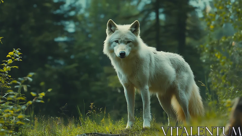 White wolf standing alert in dense green forest habitat.