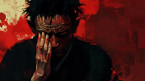 Expressionist portrait isolates anguish against fractured red field