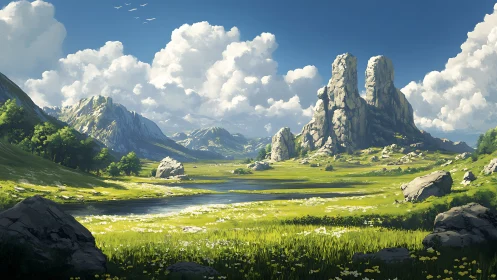 Sunlit twin spires above tranquil alpine flower valley.