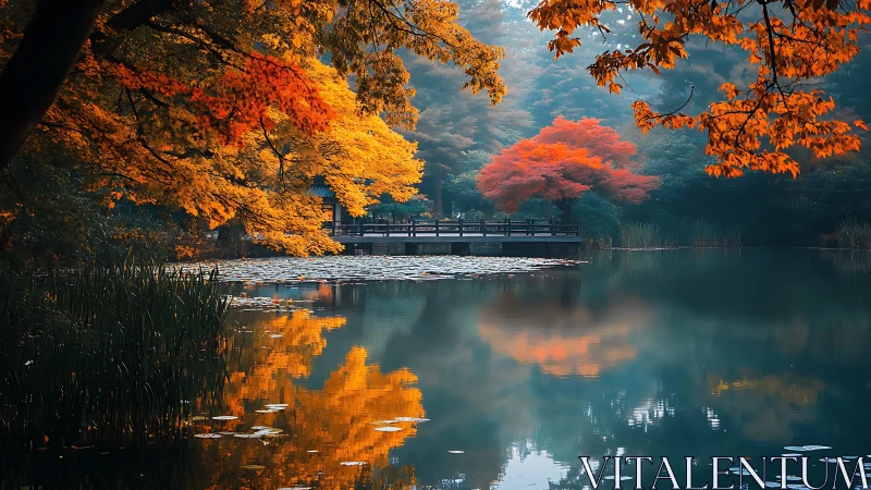 Autumn maple reflections surround a tranquil lakeside bridge.