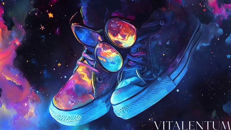 Galactic sneakers drift through neon cosmic reflections.