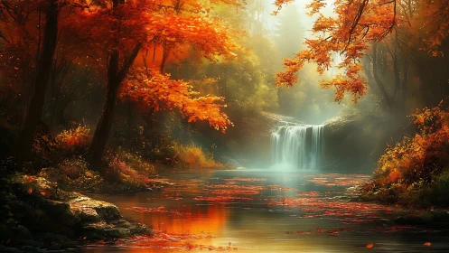 Autumn waterfall whispering through emberleaf forest glow.