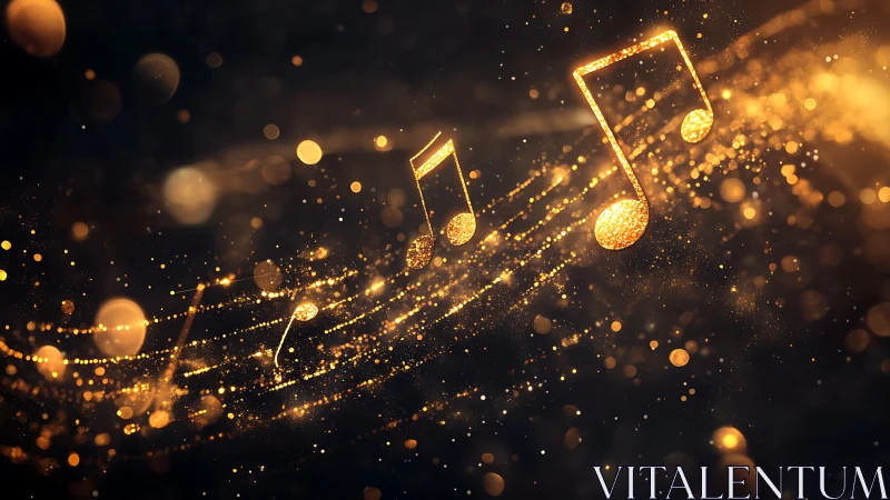 Glowing golden music notes float on particle-based light trails