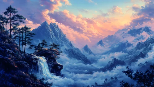 Dreamlit waterfall valley beneath glowing pastel peaks.