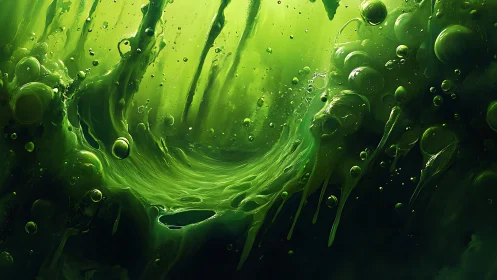 Viscous neon green fluid vortex with suspended translucent bubbles