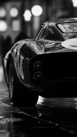Rear view of classic sports car on wet city street at night.
