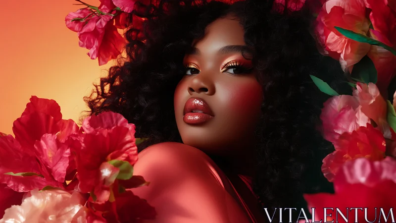 Radiant portrait amid lush crimson florals at golden dusk.