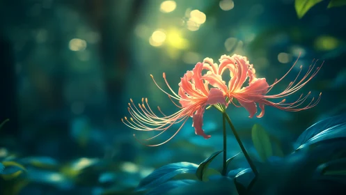Single spider lily flower stands in diffuse forest lighting