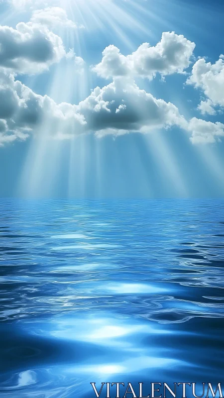 Sunlit cumulus clouds over reflective azure ocean surface.