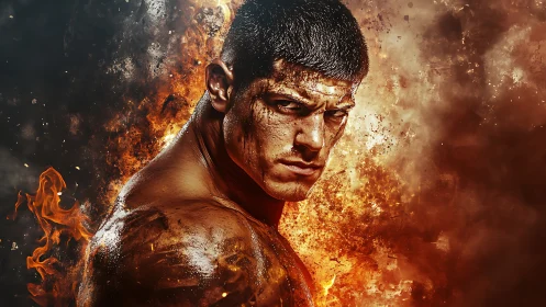 Warrior locked in flames exudes raw determination and fire.