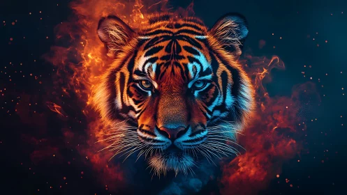Firelit Tiger Gaze in a Storm of Sparks and Midnight Smoke.