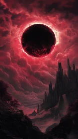 Crimson eclipse hangs over a dark spired fortress world.